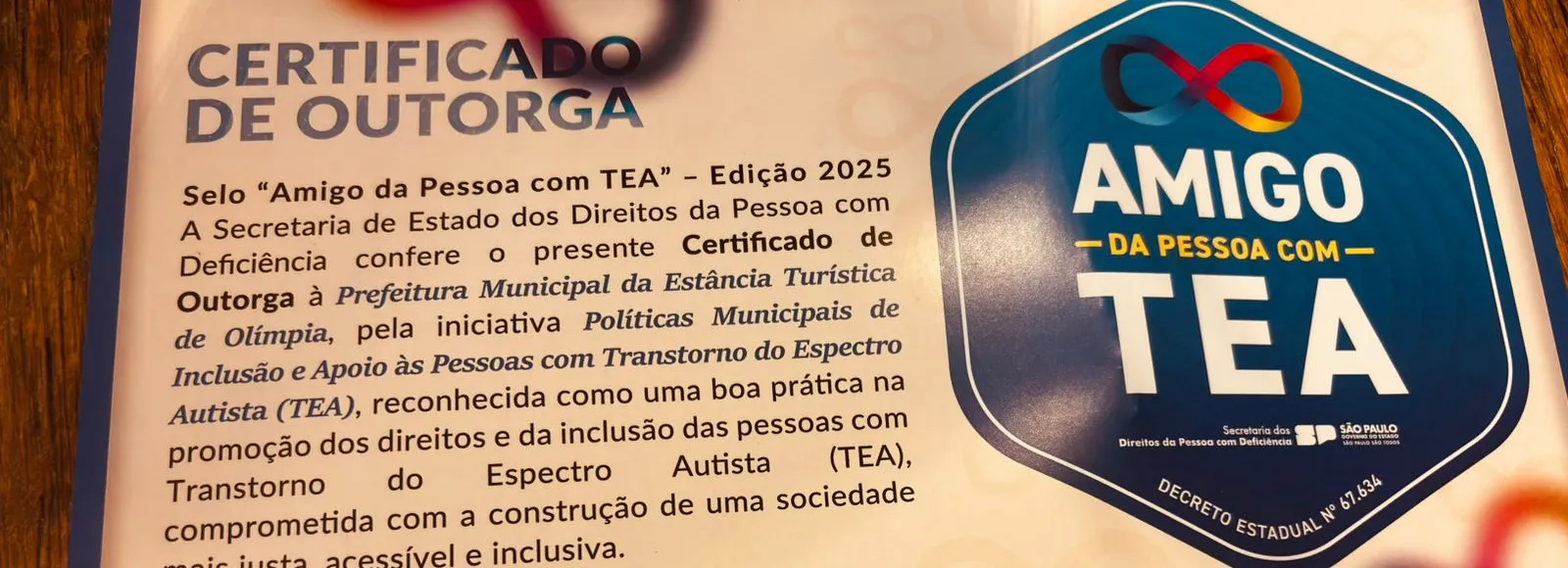 Políticas da Câmara e Prefeitura levam Olímpia a receber Selo Amigo da Pessoa com TEA
