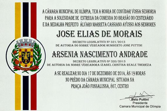 Convite para homenagens a José Elias de Morais e Arsenia Nascimento Andrade