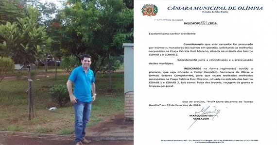 Vereador Marco Santos, faz indicações para as praças da Cohab I e II