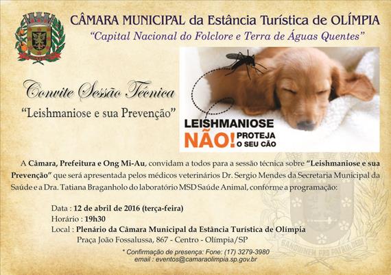 Sessão técnica sobre “Leishmaniose e sua Prevenção, HOJE 12 abril (terça-feira) às 19h30 na Câmara
