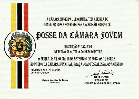 Convite para a Posse da Câmara Jovem que será realizada no dia 16 de setembro