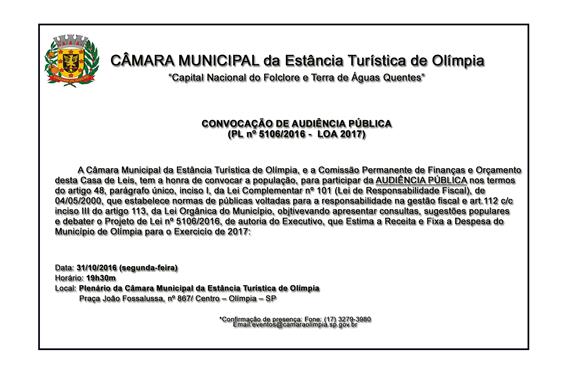 Convocação de Audiência Pública, LOA, 31/10 ás 19h30