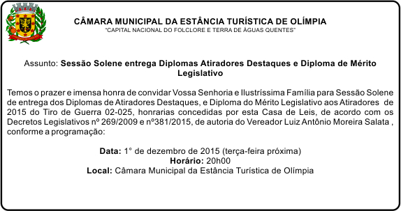 Câmara entrega na sessão solene de hoje à noite Diplomas Atiradores Destaques e Diploma Mérito Legislativo