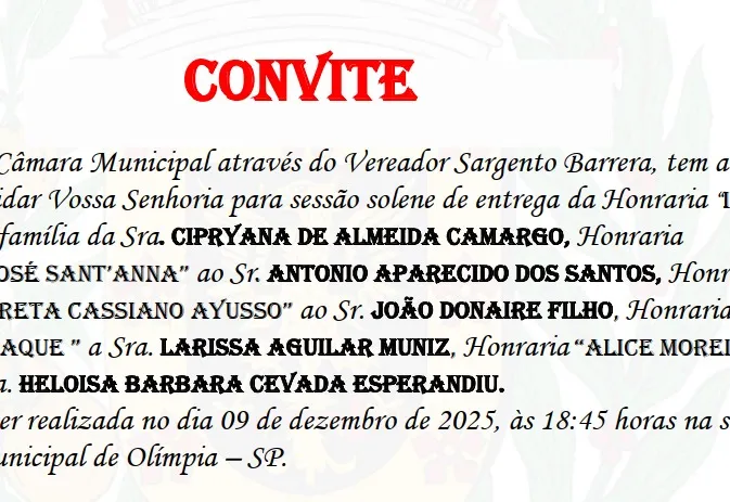 Câmara realiza sessão solene nesta terça com homenagem a cinco personalidades