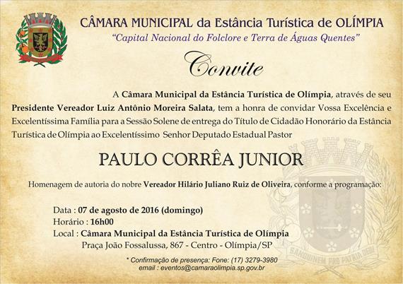 Convite a Sessão Solene de entrega do título de Cidadão Honorário ao Dep. Paulo Corrêa Jr.