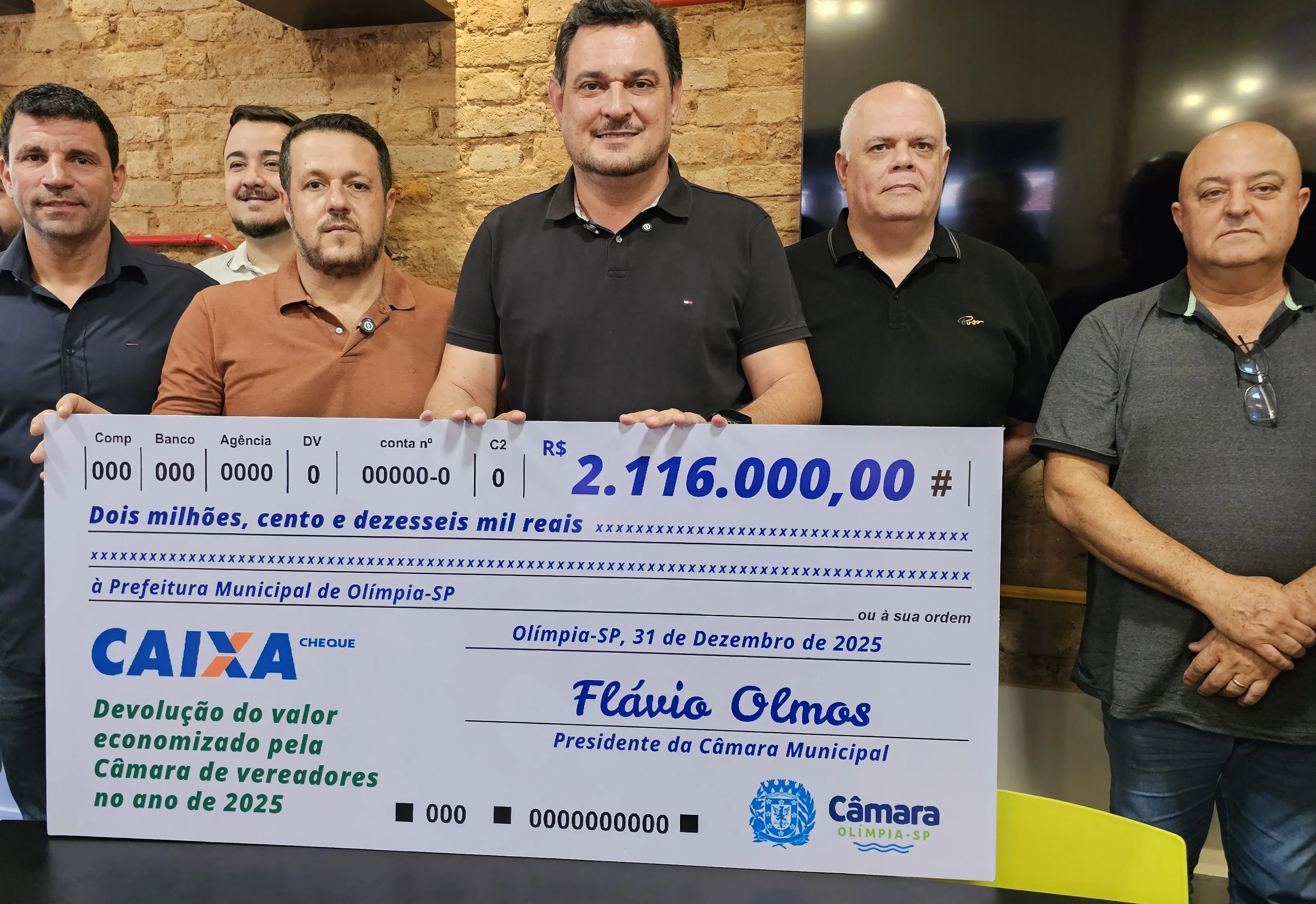 Após contenção de gastos, Câmara restitui R$ 2,116 milhões à Prefeitura de Olímpia