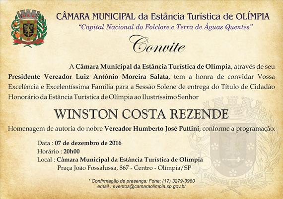 Winston Costa Rezende recebe titulo de Cidadão Olimpiense hoje (07) às 20h00